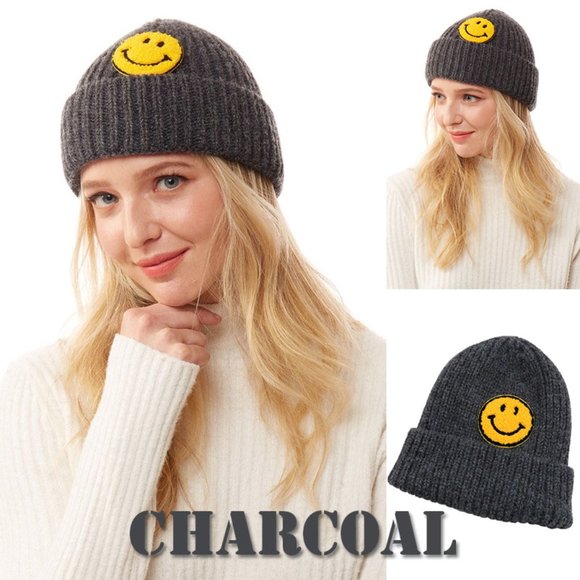 NEW Smile Smiley Happy Face Patch Cozy Soft Rib Knit Beanie Hat Ivory Black Gray - Picture 10 of 14